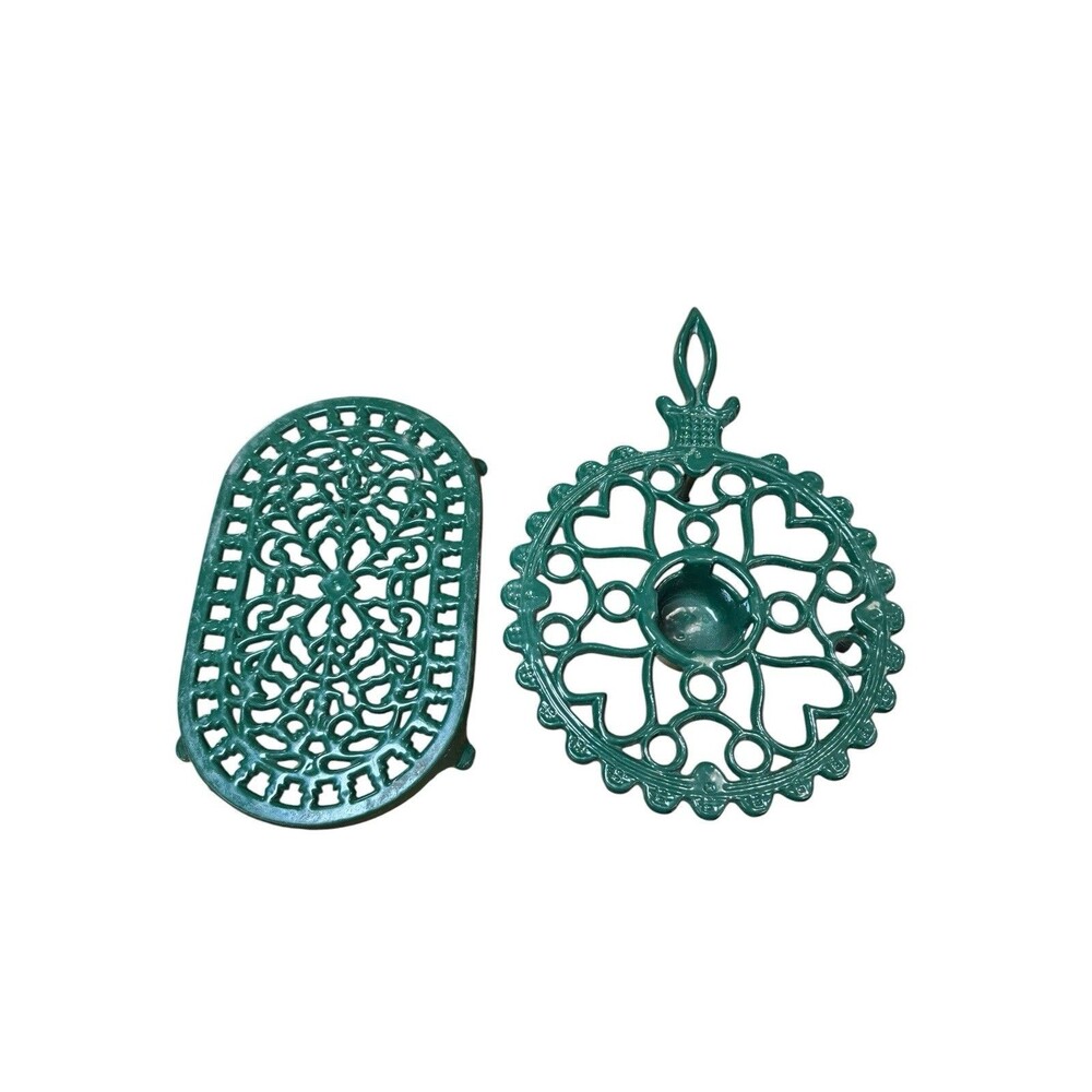 Vintage Old Dutch ODI Green Enamel Cast Iron Trivets Lot of 2  Candle Warmer